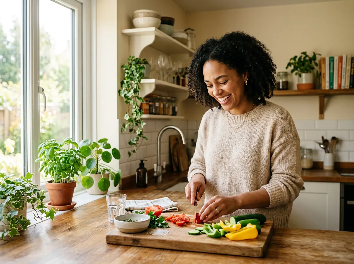 Una mujer joven cortando verduras con una sonrisa en una cocina luminosa