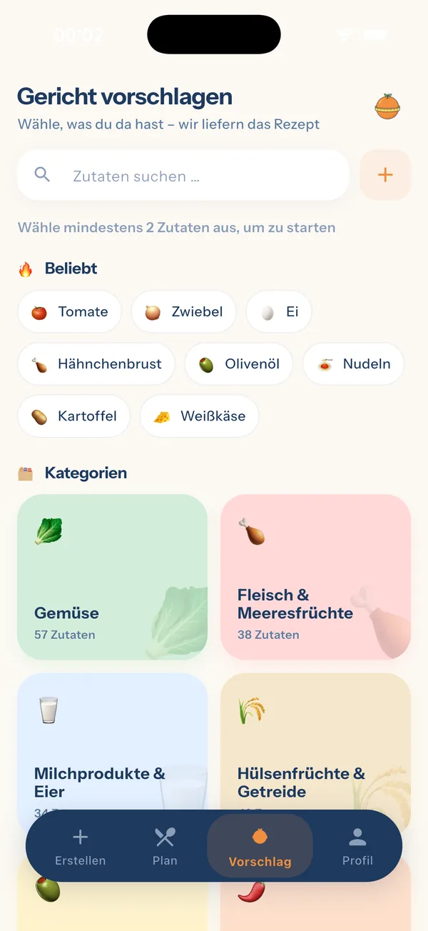 YiYo — Bildschirm zur Zutatenauswahl