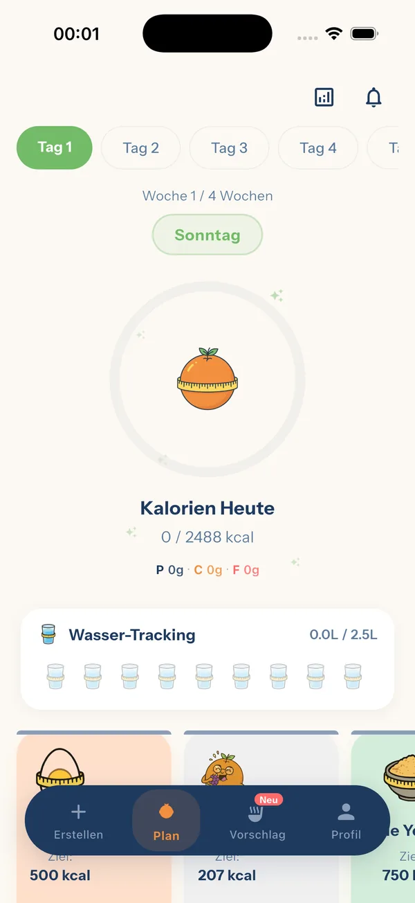 YiYo — Planbildschirm mit dem täglichen Kalorienziel