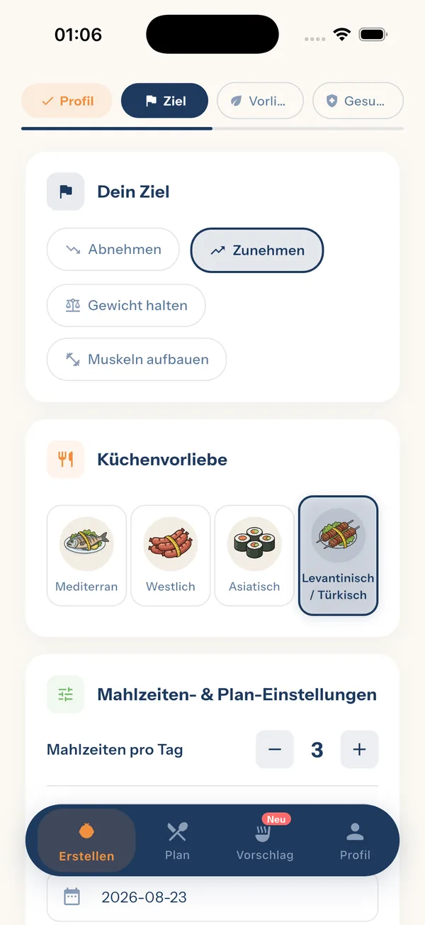 YiYo — Einrichtungsbildschirm für Ziel und Küchenvorlieben