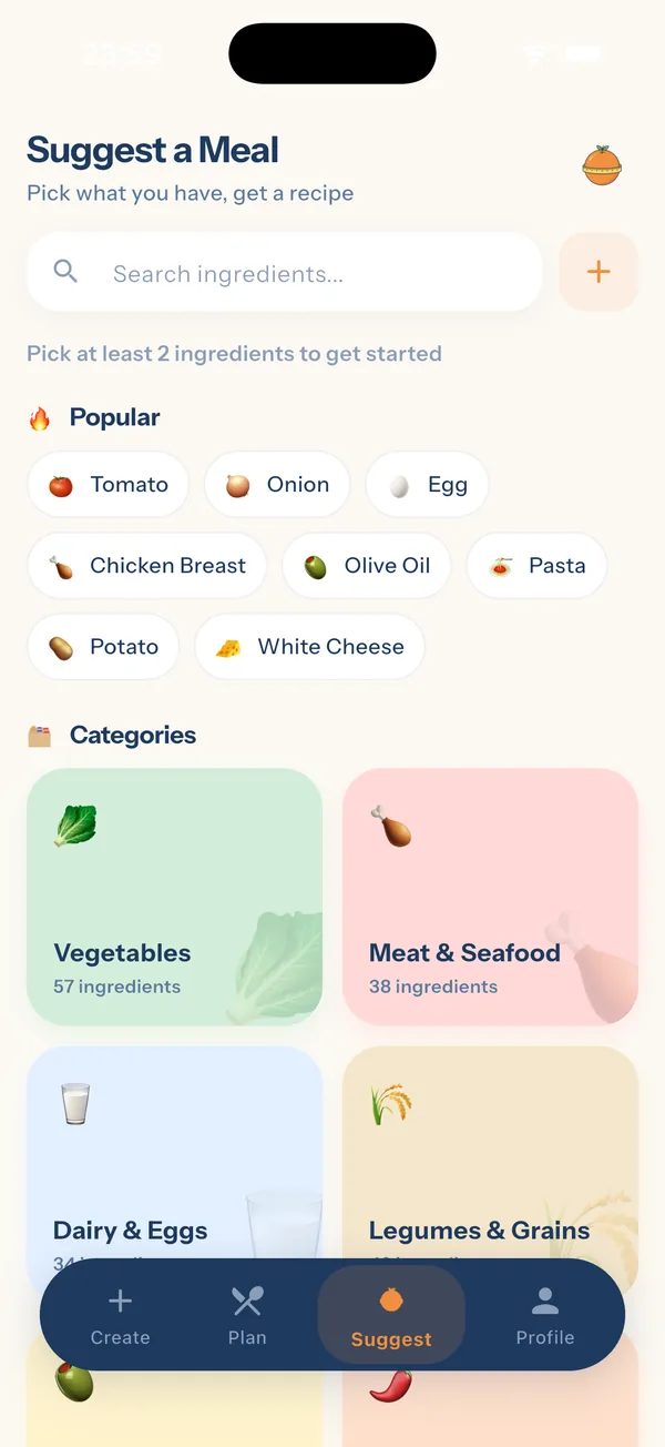 YiYo — ingredient picker screen