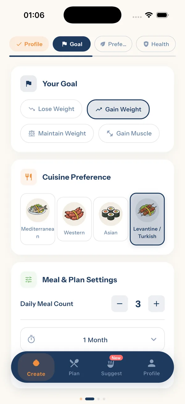 YiYo — goal and cuisine preference setup screen