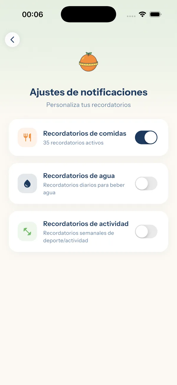 YiYo — pantalla de ajustes de notificaciones
