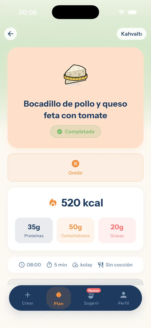 YiYo — detalle de la comida: calorías, proteína, carbohidratos y grasa