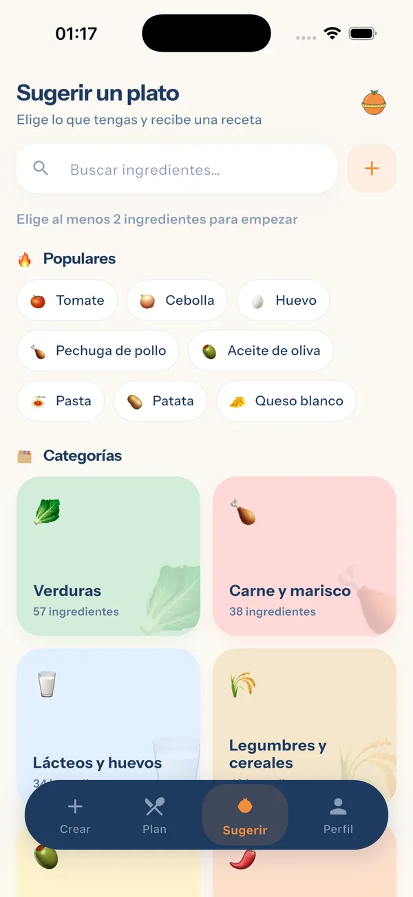 YiYo — pantalla de selección de ingredientes