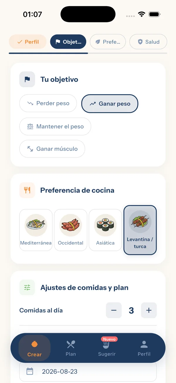 YiYo — pantalla de configuración del objetivo y la cocina preferida