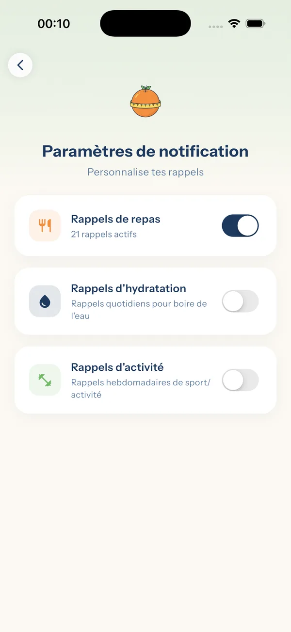 YiYo — écran des réglages de notifications