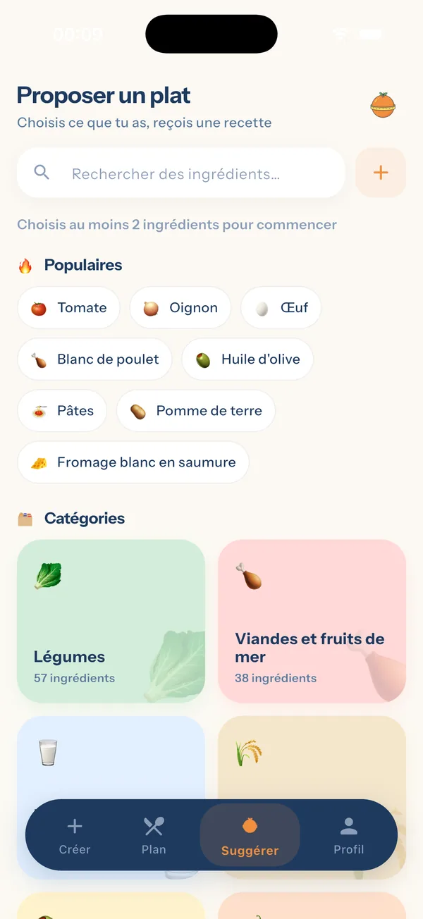 YiYo — écran de sélection des ingrédients