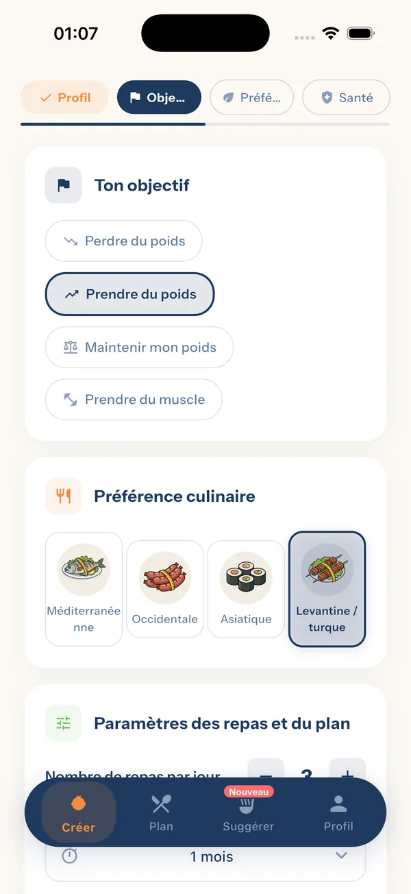 YiYo — écran de configuration de l'objectif et de la cuisine préférée