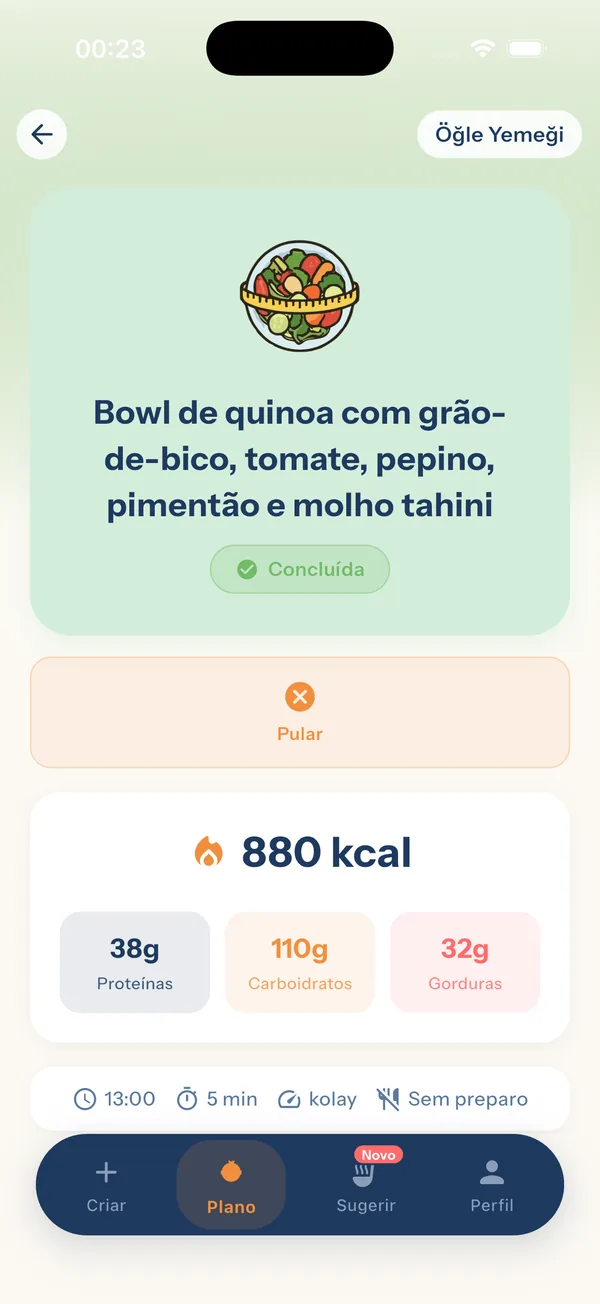 YiYo — detalhe da refeição: calorias, proteína, carboidrato e gordura