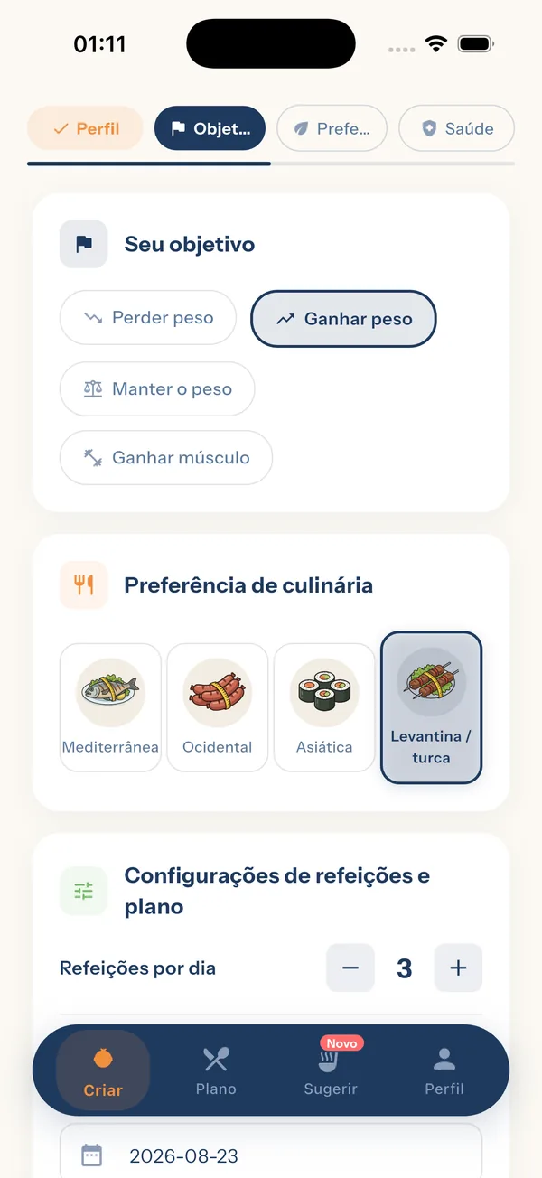 YiYo — tela de configuração de objetivo e preferência de culinária