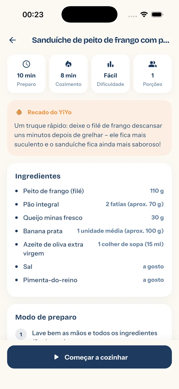YiYo — detalhe da receita: tempo, dificuldade e ingredientes