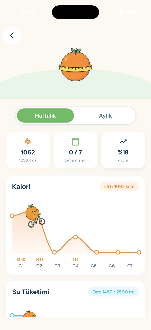 YiYo — haftalık kalori ve su grafiği