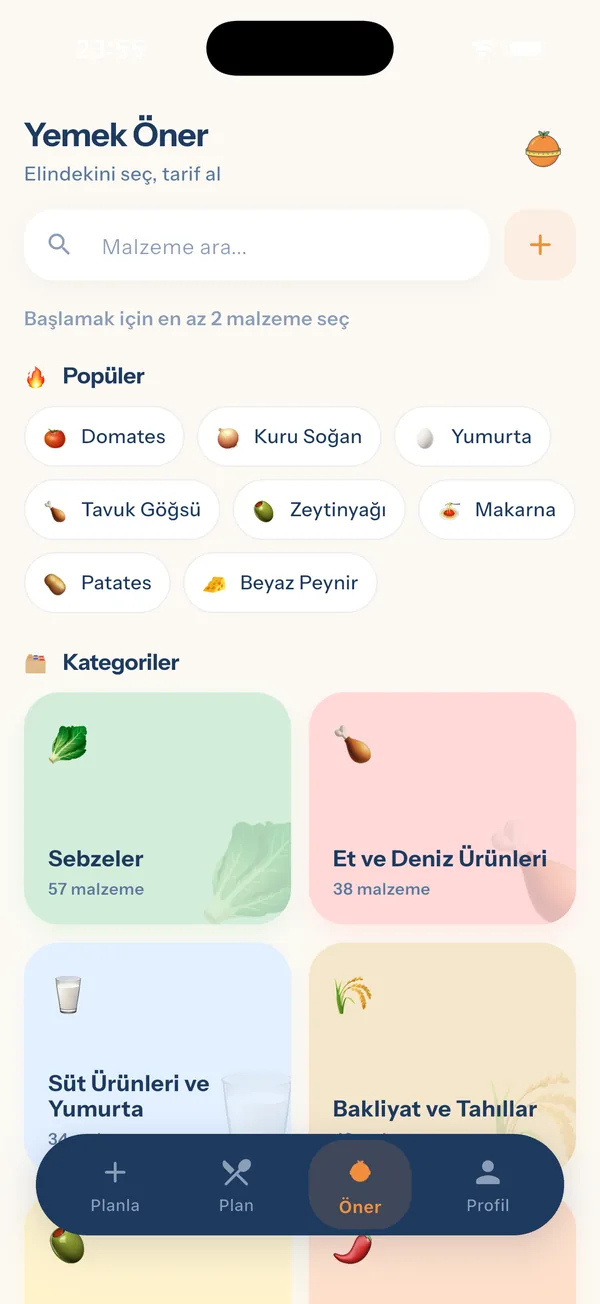 YiYo — malzeme seçme ekranı