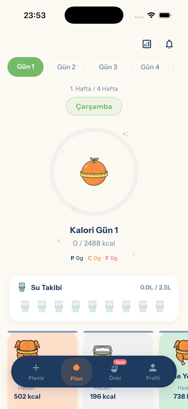 YiYo — günlük kalori hedefini gösteren plan ekranı