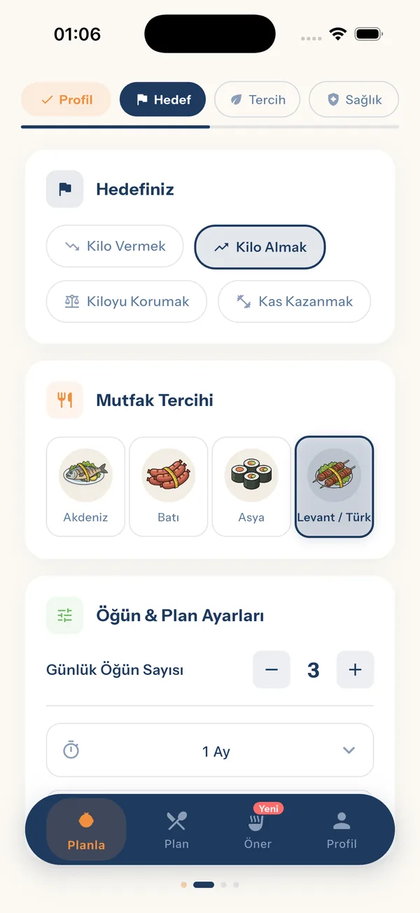 YiYo — hedef ve mutfak tercihi kurulum ekranı