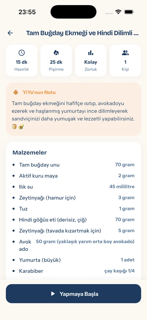 YiYo — tarif detayı: süre, zorluk ve malzemeler